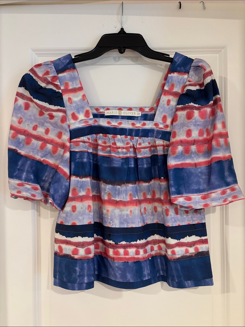 Marie Oliver Blue, Pink & White Square-Neck Puff Sleeve Top